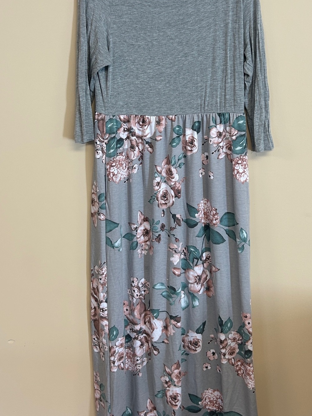 Grey Floral Maxi Dress with Long Sleeves